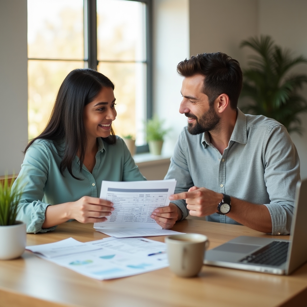 Couple sitting together reviewing household finances and mortgage documents