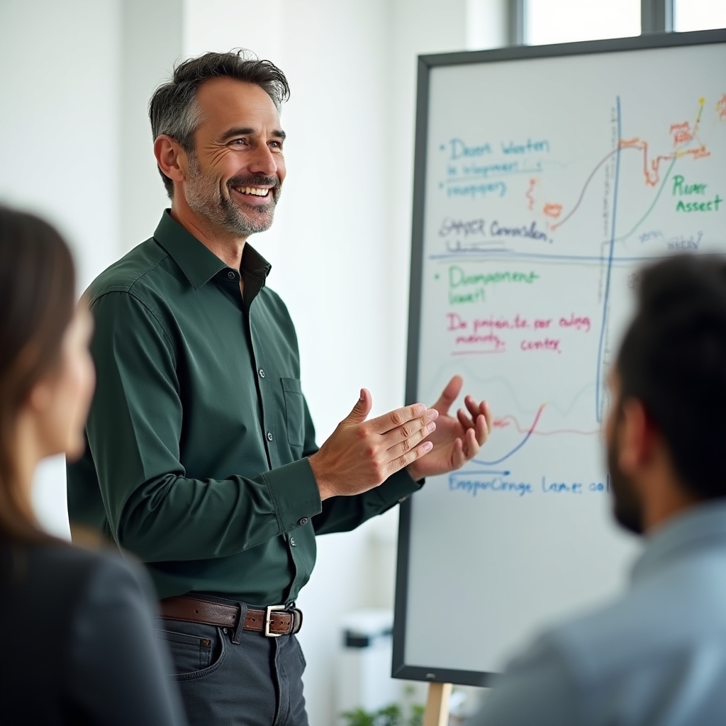 Financial educator explaining investment concepts on a whiteboard to a small group
